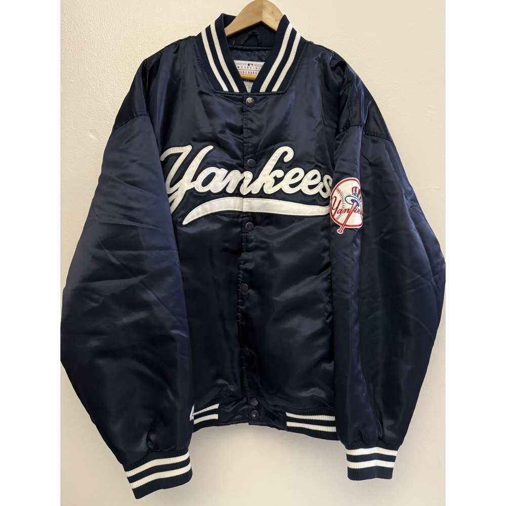 Vintage 90's Majestic Varsity Jacket MLB New York Yankees Satin Blue Mens Sz 3XL